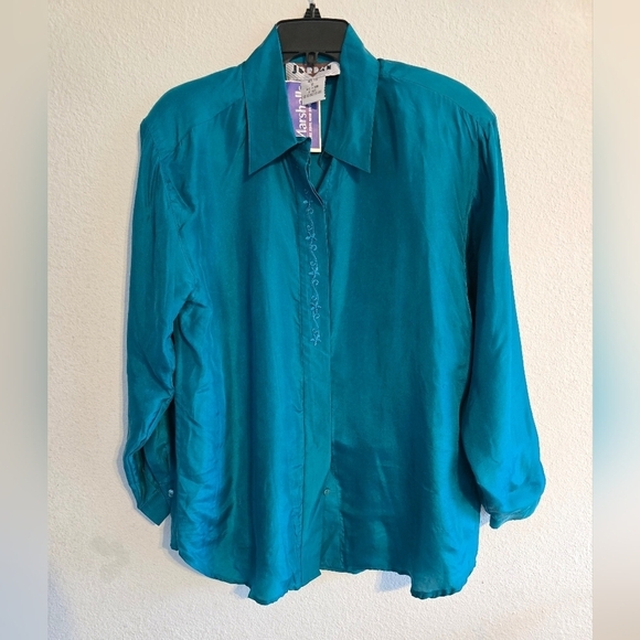 Vintage Jordan 100% Silk Blouse Women Sz 12 Blue Long Sleeves Embroidered - Picture 3 of 13